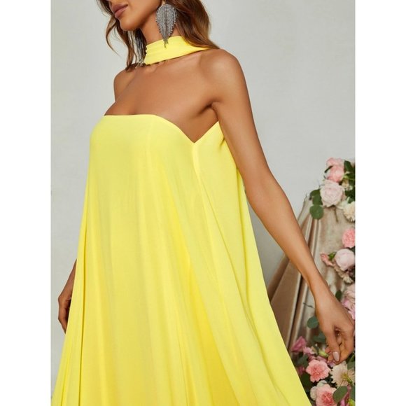 Choker Neck Backless Maxi Dress Yellow FORMAL PROM WEDDING DATE VACATION - Picture 4 of 7